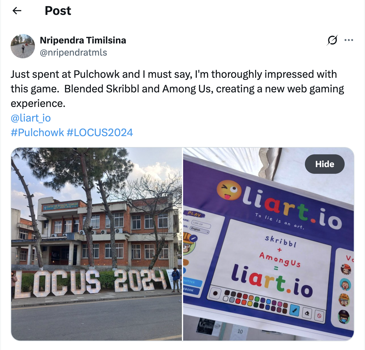 Screenshot of an X post praising Liart.io at LOCUS 2024